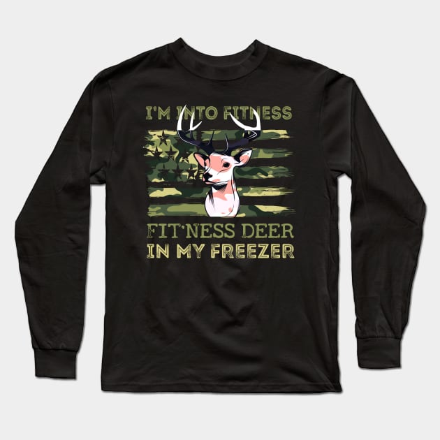 Hunting I'm Into Fitness Fit'ness Deer In My Freezer USA FLAG Long Sleeve T-Shirt by NIKA13